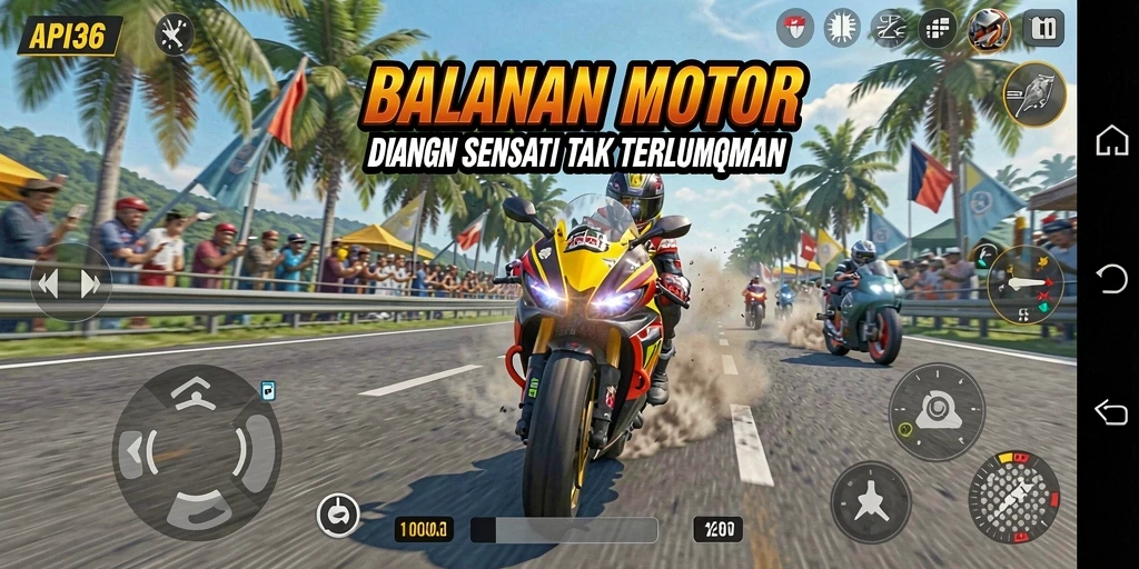Screenshot API36 menampilkan aksi seru di lintasan balap motor.