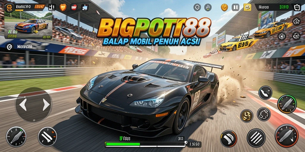 Screenshot gameplay BIGPOT88 yang menunjukkan aksi balap mobil yang intens.