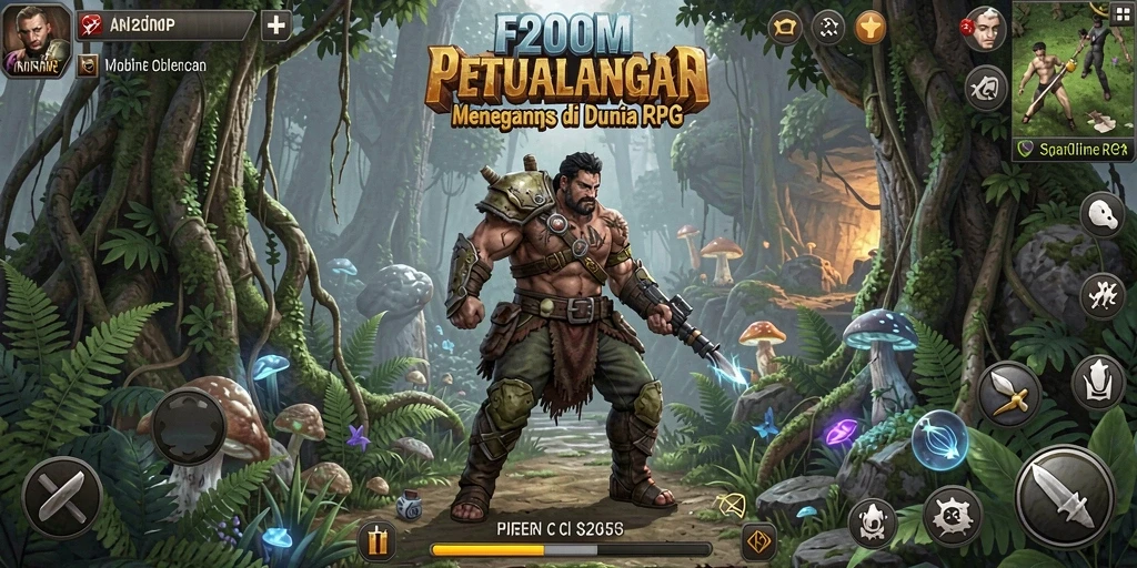 Tangkapan layar F200M menampilkan pertarungan epik dan eksplorasi dunia RPG.