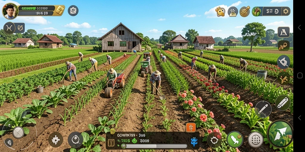 Screenshot gameplay GOWIN789 menunjukkan kebun yang rimbun dan tanaman berwarna-warni.