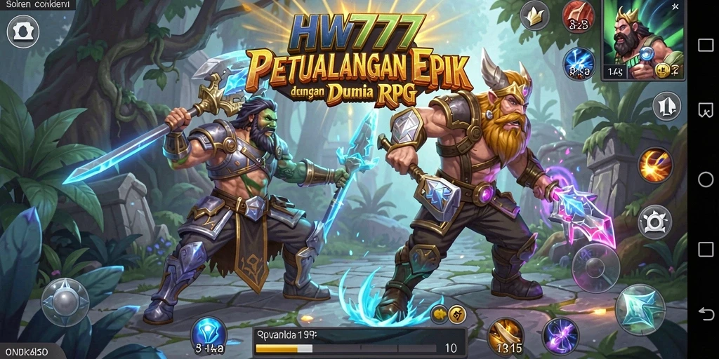 Tangkapan layar utama HW777 menampilkan pertarungan epik antara karakter dan monster dalam gameplay RPG.