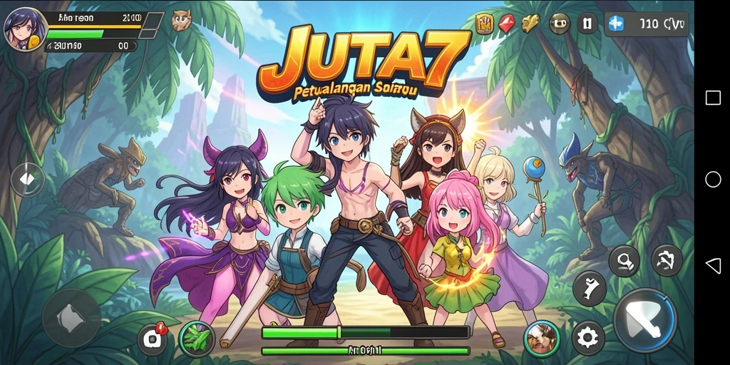Screenshot gameplay JUTA7 menunjukkan pertarungan seru antara karakter anime.