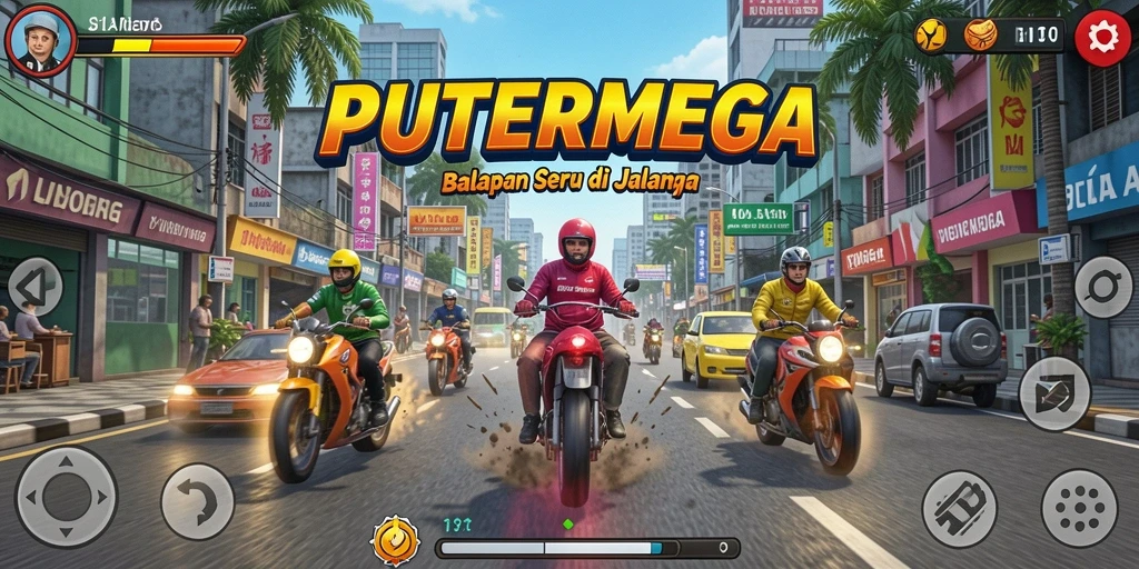 Screenshot PUTERMEGA menampilkan aksi balap seru di trek penuh tantangan.