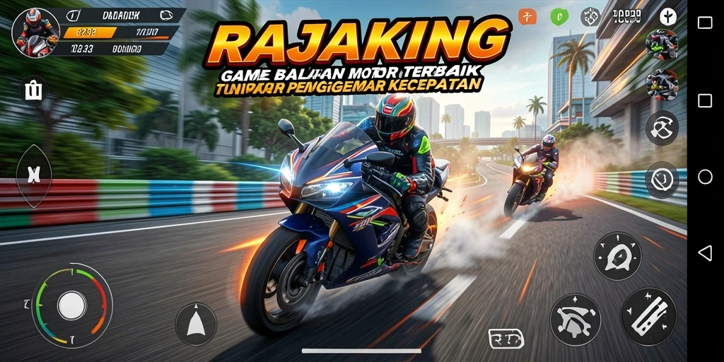 Tampilan gameplay balapan motor yang mendebarkan di RAJAKING.