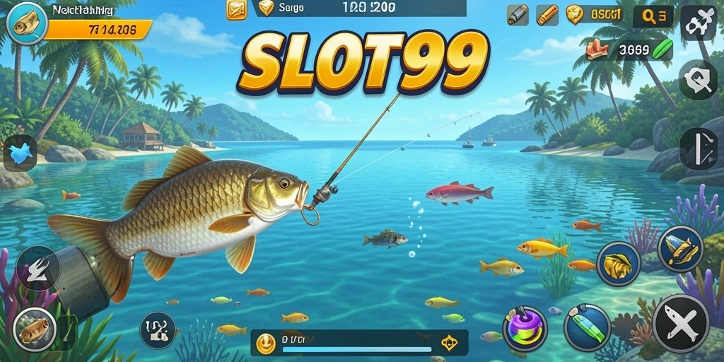 Tampilan gameplay SLOT99 menampilkan petualangan memancing yang seru.