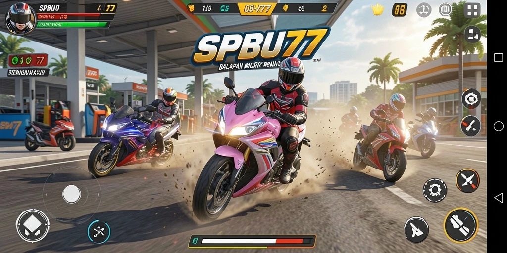 Screenshot gameplay SPBU77 dengan aksi balapan motor yang intens.